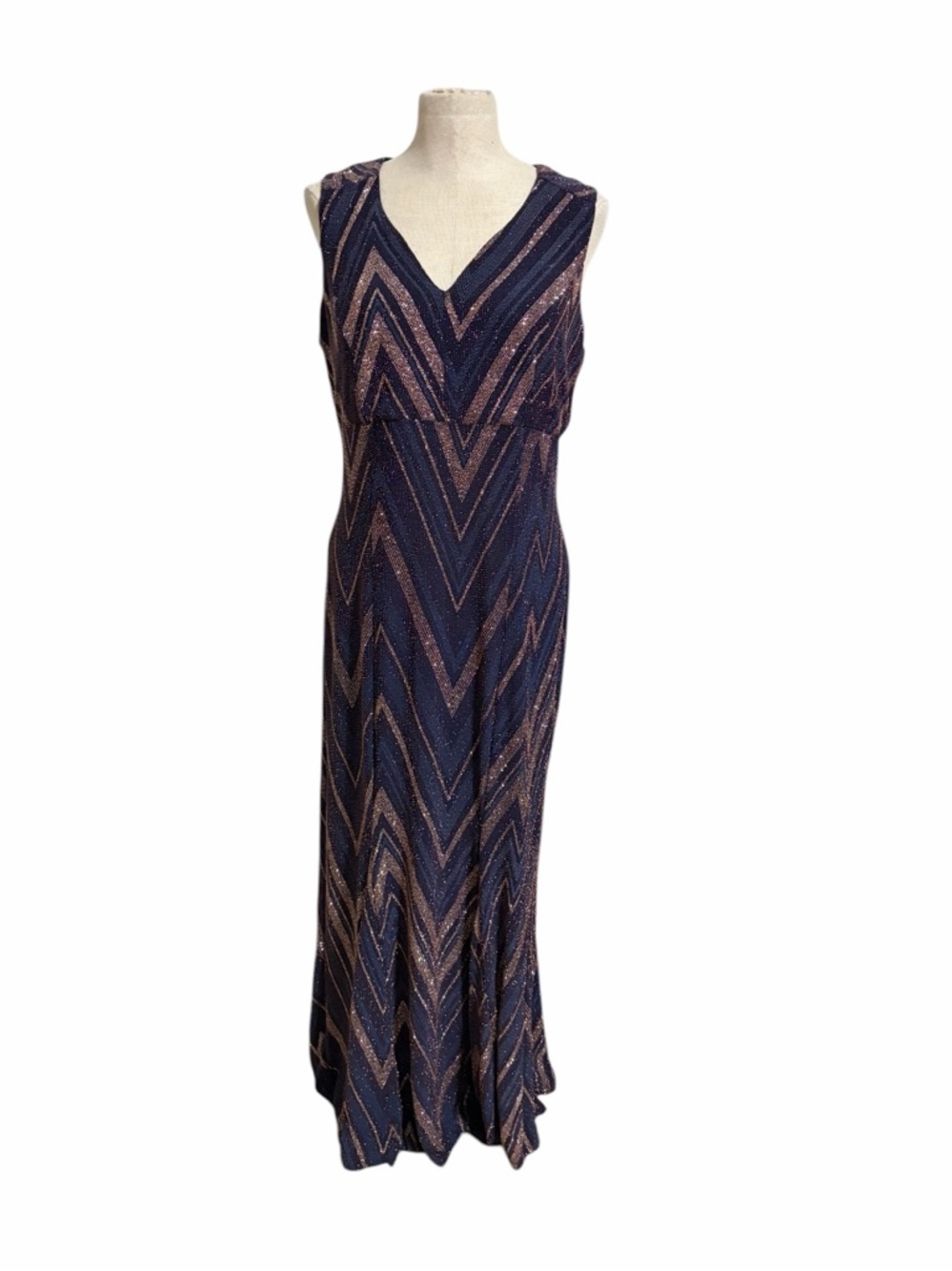 Enfocus Studio Navy & Rose Gold Chevron Maxi Dress Wedding Formal Size 14